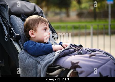 Little boy looking away while sitting in the stroller during a walk in the park. Stock Photo