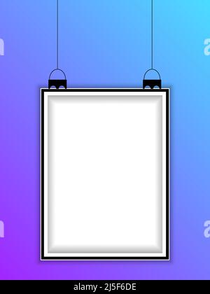 Realistic vertical hanging picture frame isolated on blue background. Blank hanging frame template. Empty hanging photo frame mockup. Stock Vector