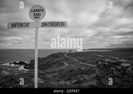 Lands end in Cornwall is the tip of England and is marked by a sign Stock Photo