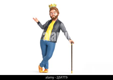 Cheerful man wear golden crown. Isolated on white background. 3D Rendering Stock Photo