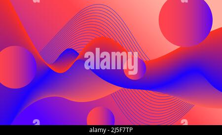 Futuristic red, blue fluid background. Flowing liquid. Abstract wave pattern, flying spheres. Multicolored 3d shapes. Landing page psychedelic design