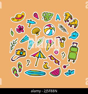 Summer symbols. Hand drawn clipart collection. Social media, vlog, blog sticker collection on vacation theme Stock Vector