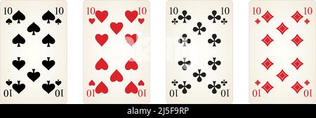 Play Card Symbol vector set with Number ten in diamonds, spades, clubs and Heart. White isolated background. Logo illustration with all related ten. Stock Vector