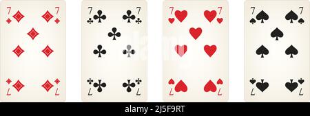 Play Card Symbol vector set with Number seven in diamonds, spades, clubs and Heart. White isolated background. Logo illustration with all seven. Stock Vector