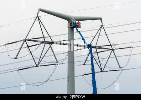 Bridgwater, Somerset, UK.  23rd April 2022.  Workmen on an aerial platform working on one of the new National Grid T-Pylons at Bridgwater in Somerset which have been built across the Somerset levels as part of the Hinkley Point C.  Picture Credit: Graham Hunt/Alamy Live News Stock Photo