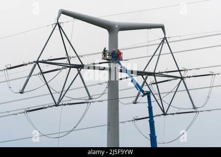 Bridgwater, Somerset, UK.  23rd April 2022.  Workmen on an aerial platform working on one of the new National Grid T-Pylons at Bridgwater in Somerset which have been built across the Somerset levels as part of the Hinkley Point C.  Picture Credit: Graham Hunt/Alamy Live News Stock Photo