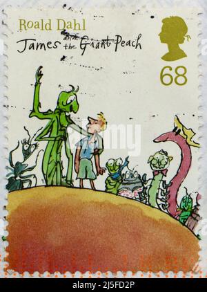 Photo of a British postage stamp with an illustration for Roald Dahl's children's story James and the Giant Peach 2012 Stock Photo