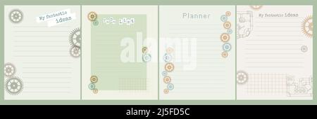 Steampunk Template Set Planner Reminder Sheet Notes, My Fantastic Ideas, for Notes. Pipelines, gears, gears. Vector illustration Stock Vector
