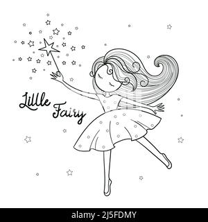 Little fairy. Black and white linear drawing. Vector Stock Vector