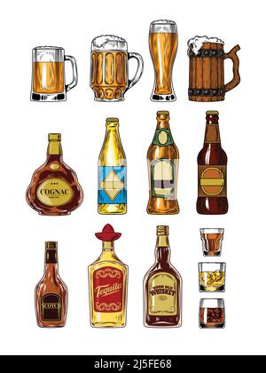 Vector set of bottles and stemware with alcohol, beer glasses and mugs Stock Vector