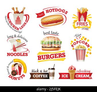 Set of vector beautiful cartoon icons of fast food isolated on white background. Stock Vector