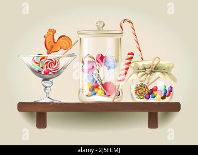 Vector illustration sweet candy, sweetmeats, lollipops and bonbon are in glass jars on wooden shelf Stock Vector