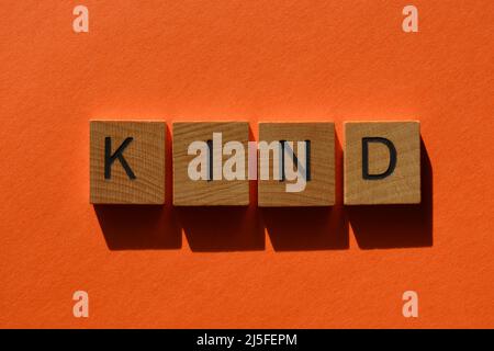 Kind, word in wooden alphabet letters isolated on orange background Stock Photo