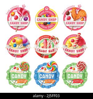 Vector set of lollipop, candy logos, stickers, made in a realistic style Stock Vector