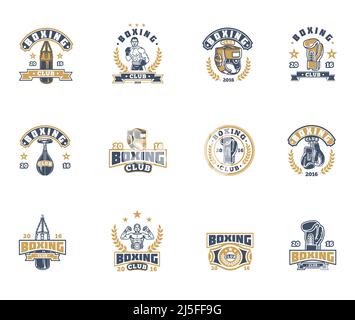 Set of vector boxing emblems, badges, stickers isolated on white. Stock Vector