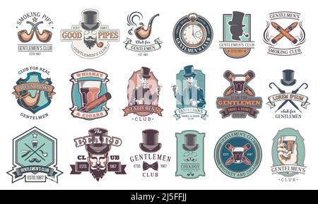 Set of vector vintage gentleman emblems, labels, icons, signage and design elements. Engraving style. Stock Vector