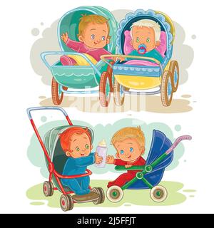 Set of vector clip art illustrations of little kids in a baby carriage Stock Vector