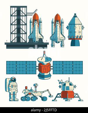 Set vector flat illustration of a rocket is ready for launch, space station, the rover, astronav isolated on white. Stock Vector