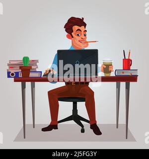 Vector illustration of a man working on the laptop at a table littered with papers Stock Vector
