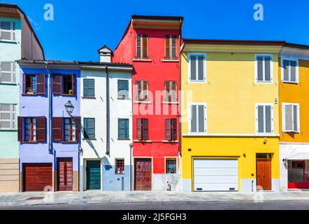 Parma, Italy - Colored medieval houses in city downtown, Emilia-Romagna historical region of Italia. Stock Photo
