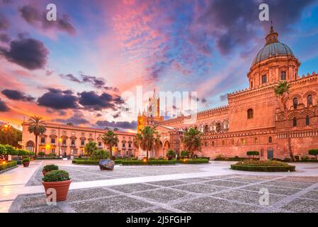 Palermo, Sicily. Palermo Norman cathedral, a UNESCO world heritage site in Italy, colored sunset sky. Stock Photo