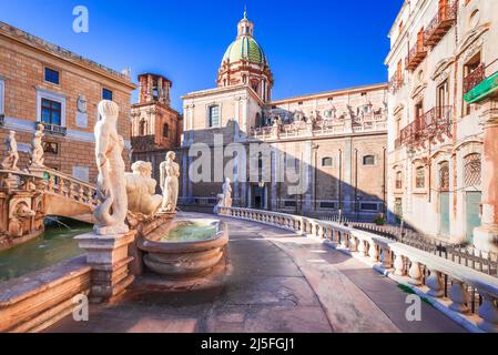 Palermo, Italy. Pretoria Fountain in Piazza Pretoria and Chiesa di San Giuseppe, Sicily travel spotlight. Stock Photo