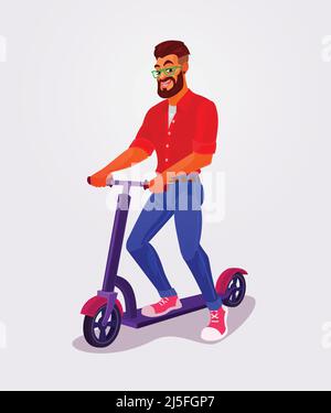 Vector illustration of a fashionable guy riding on kick scooter Stock Vector