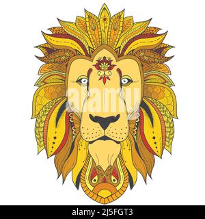 Vector color zenart illustration of lion with tribal mandala patterns. Use for print, t-shirts. Stock Vector