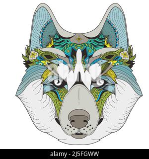 Vector color zenart illustration of husky with tribal mandala patterns. Use for print, t-shirts. Stock Vector