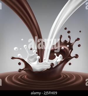 Vector illustration of a flow of milk and chocolate created ripple and splash. Template for packaging milk chocolate in a realistic style Stock Vector