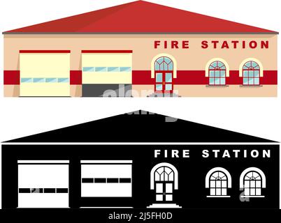Different kind fire station building isolated on white background in flat style colored and black silhouette. Vector illustration. Stock Vector