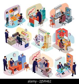 Vector illustration of a set of 3D isometric people in business suits in the office. Isometric business men and business women in different poses at t Stock Vector