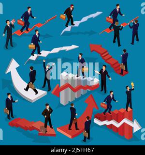 Vector illustration of 3D flat isometric people. Businessman goes up the stairs. Concept of business growth, career ladder, the path to success. Stock Vector