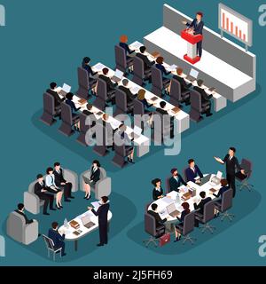 Vector illustration of 3D flat isometric business people. The concept of a business leader, lead manager, CEO. Business meeting in a modern office, sp Stock Vector