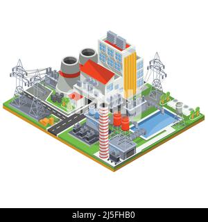 Isometric vector illustration of a thermal power plant for the production of electrical energy with the flue pipes, industrial buildings and power lin Stock Vector