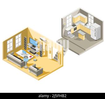 Vector isometric illustration design of a living room and kitchen Stock Vector