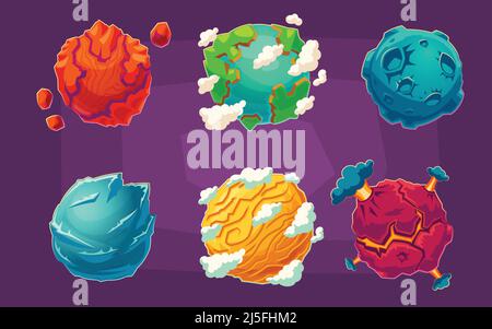 Set of vector cartoon illustrations fantasy alien planets, funny elements for design different universe Stock Vector