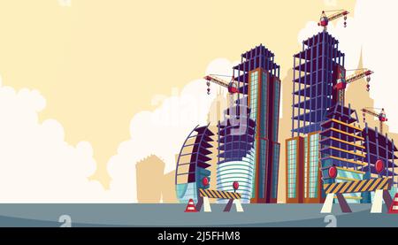 Vector cartoon illustration of the process of the construction of buildings with construction crane. Cartoon banner construction site Stock Vector
