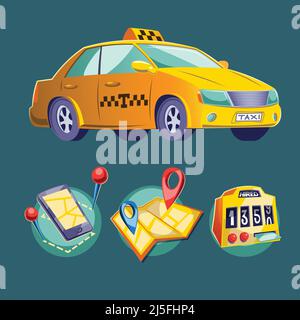 Vector cartoon illustration on the theme of urban public road transport. Set cartoon icons for taxi service. Stock Vector