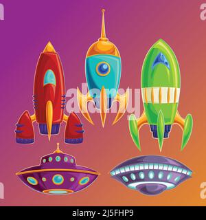 Vector cartoon icons fantasy space rockets and flying saucers on the cosmic background. Set amusing spaceships and UFOs Stock Vector