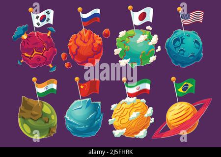 Set of vector cartoon illustrations fantasy alien planets with fluttering flags on them, funny elements for design different universe Stock Vector
