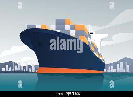 Vector illustration of a loaded container cargo ship leaving the harbor Stock Vector