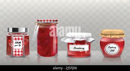 Collection of vector glass jars with raspberry and strawberry jam in a realistic style Stock Vector