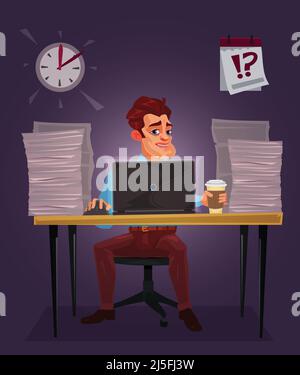 Vector illustration of a man working on the laptop at a table littered with papers Stock Vector
