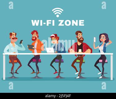 Vector cartoon illustration of a men and a woman using their phones, tablets, laptop in the wi-fi zone Stock Vector
