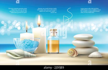 Vector illustration of a realistic style, set for spa treatments with aromatic salt , massage oil, candles. Excellent turquoise advertising poster for Stock Vector