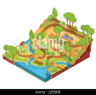 Vector 3D isometric illustration of cross section of a landscape park with a river flowing there, bridges, benches and lanterns. Soil in the section f Stock Vector