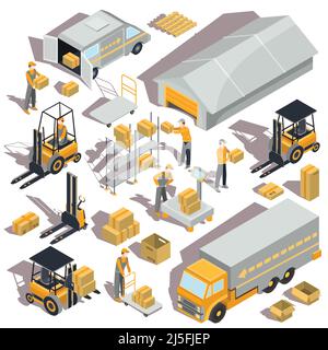 Set of vector logistic and delivery isometric icons with warehouse building, shelves, boxes, forklifts, trucks and workers are there Stock Vector