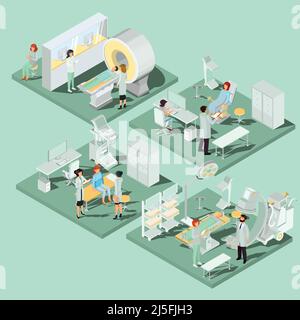 Set of 3D flat isometric illustrations interior of medical premises in the clinic MRI room, ultrasound room, gynecological office, operating room with Stock Vector