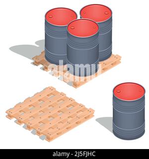 Vector 3D isometric illustration, icons of barrels of oil on a wooden pallet isolated on white Stock Vector